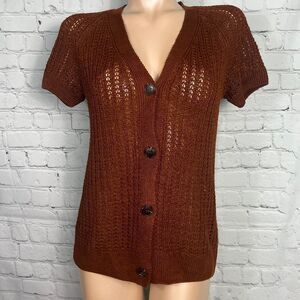 Lafayette 148 Brown Hemp Open Knit Short Sleeve Cardigan Sweater size Small